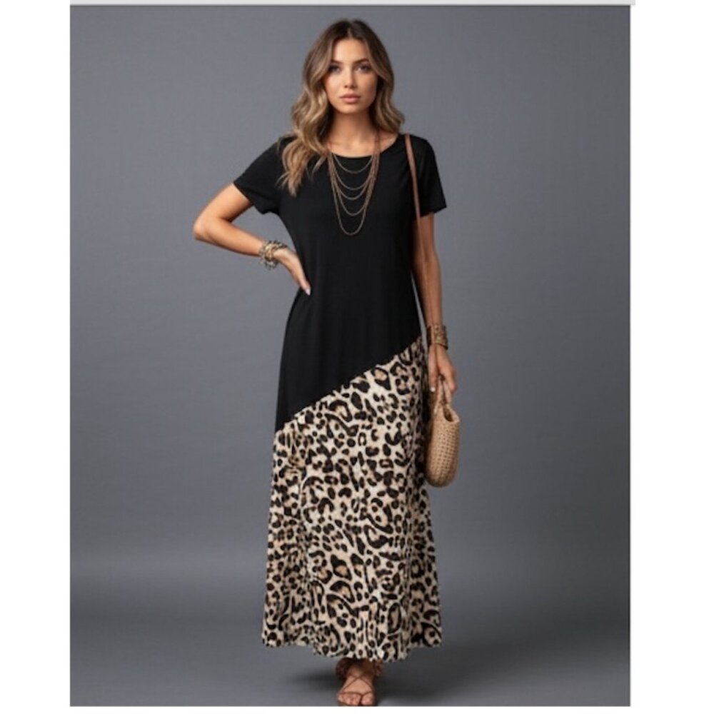Black Leopard Print Tee Dress